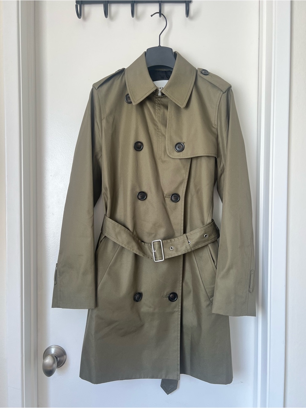 Coach Dark Fern Olive Green Double Breasted Mid Trench Coat NWT Size S